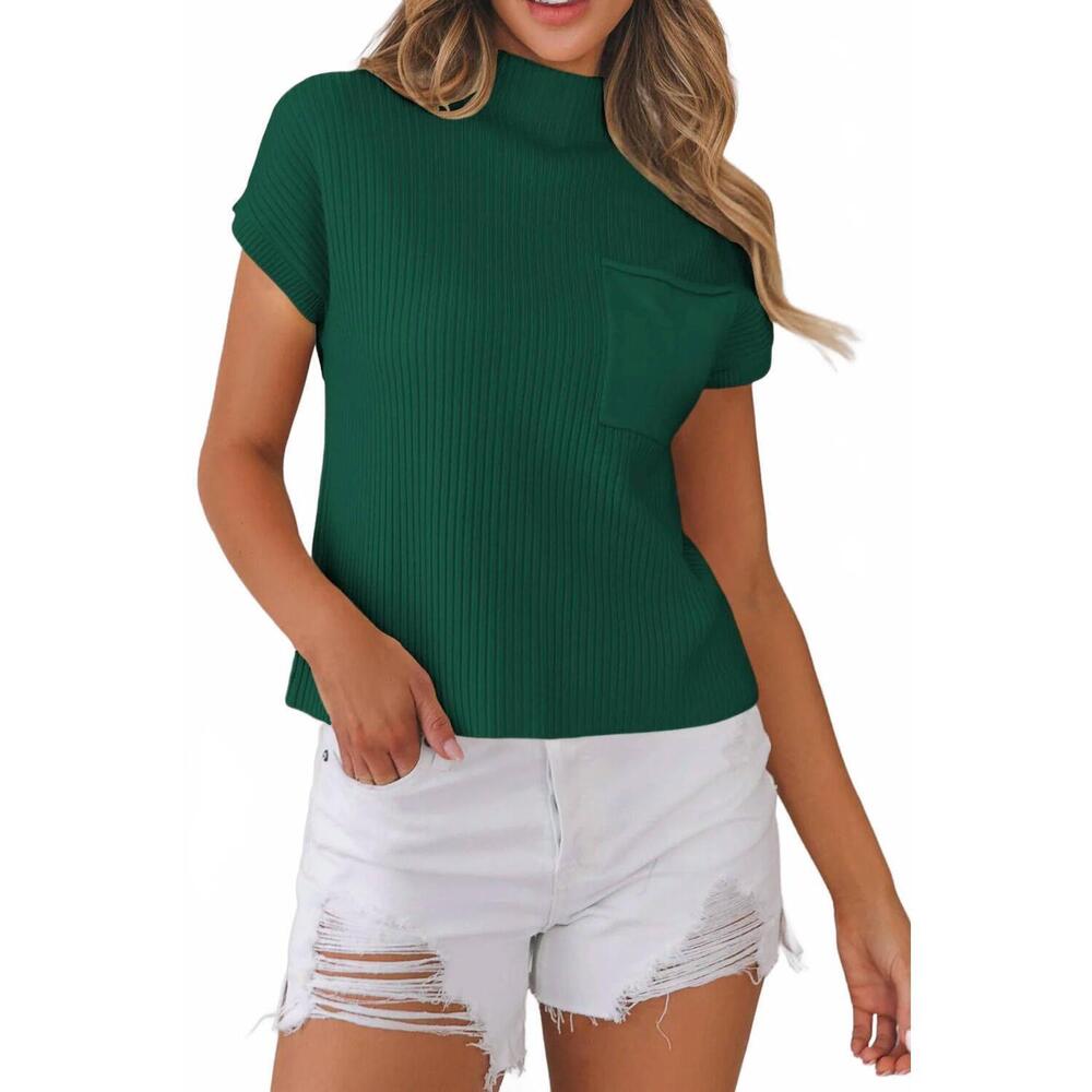NEW DEAR LOVER patch pocket ribbed knit short sleeve sweater in green